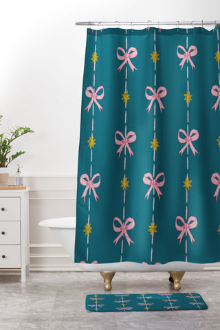 H Miller Ink Illustration Cute Hair Bows Stars in Teal Shower Curtain And Mat