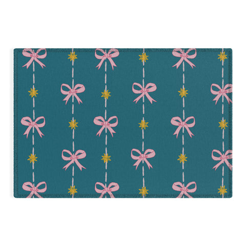 H Miller Ink Illustration Cute Hair Bows Stars in Teal Outdoor Rug