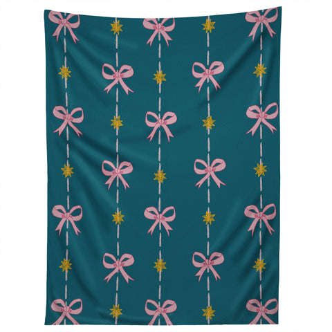 H Miller Ink Illustration Cute Hair Bows Stars in Teal Tapestry