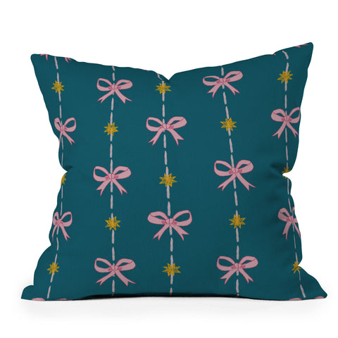 H Miller Ink Illustration Cute Hair Bows Stars in Teal Throw Pillow