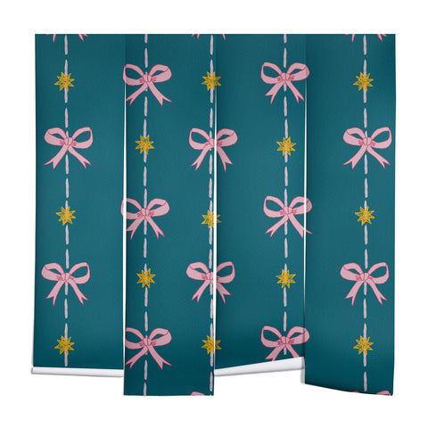 H Miller Ink Illustration Cute Hair Bows Stars in Teal Wall Mural