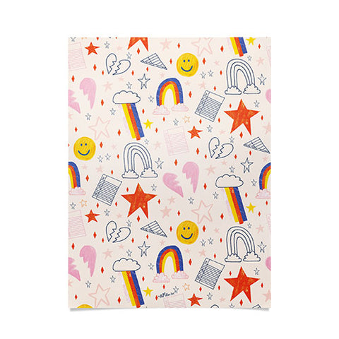 H Miller Ink Illustration Happy Smiley Face Retro Rainbows Poster