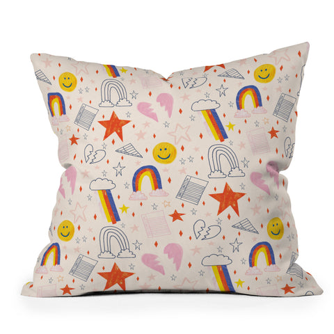 H Miller Ink Illustration Happy Smiley Face Retro Rainbows Throw Pillow