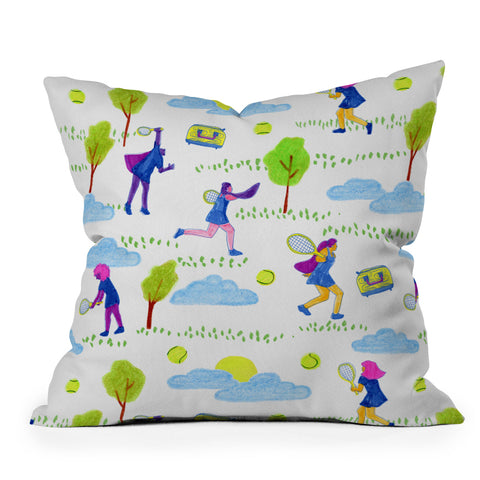 H Miller Ink Illustration Lets Play Tennis in White Outdoor Throw Pillow