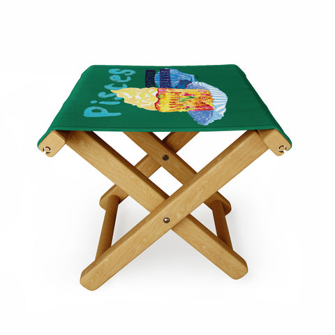 H Miller Ink Illustration Pisces Chill Vibes in Chive Green Folding Stool