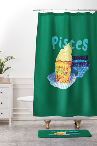 H Miller Ink Illustration Pisces Chill Vibes in Chive Green Shower Curtain And Mat