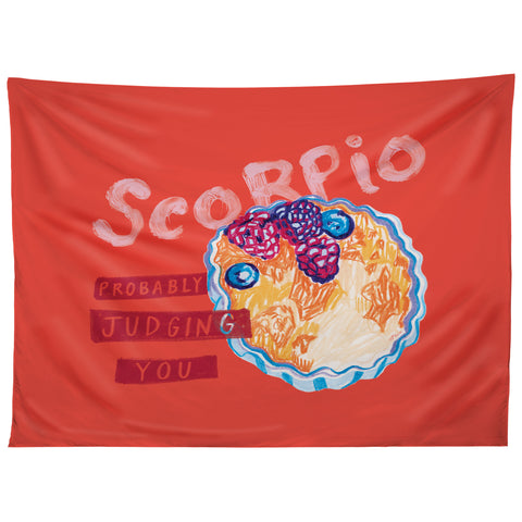 H Miller Ink Illustration Scorpio Mood in Tomato Red Tapestry