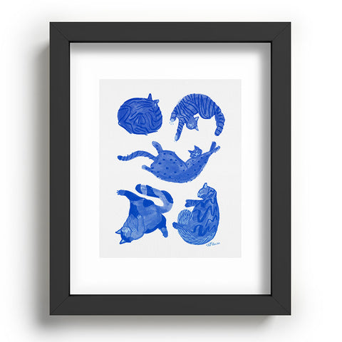 H Miller Ink Illustration Sleepy Cozy Kitty Cats in Blue Recessed Framing Rectangle