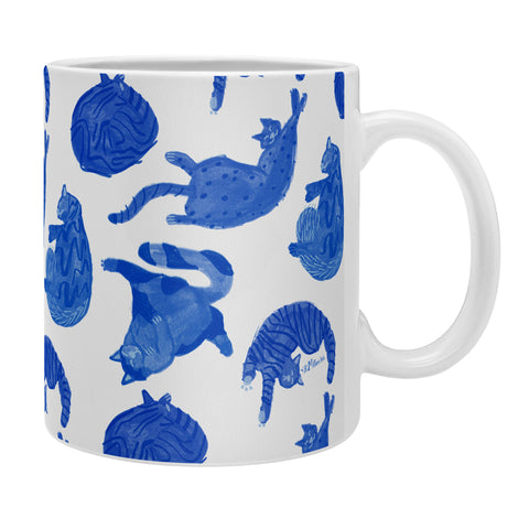 H Miller Ink Illustration Sleepy Cozy Kitty Cats in Blue Coffee Mug