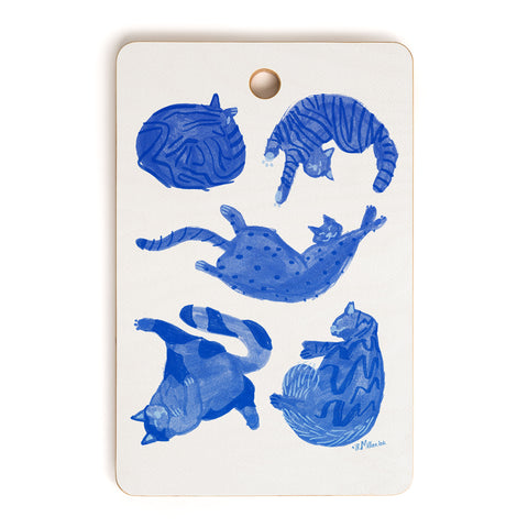 H Miller Ink Illustration Sleepy Cozy Kitty Cats in Blue Cutting Board Rectangle