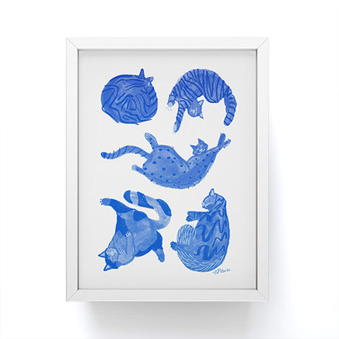 H Miller Ink Illustration Sleepy Cozy Kitty Cats in Blue Framed Mini Art Print