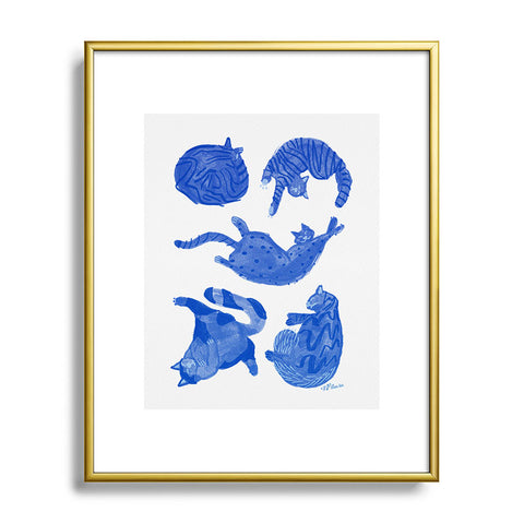 H Miller Ink Illustration Sleepy Cozy Kitty Cats in Blue Metal Framed Art Print