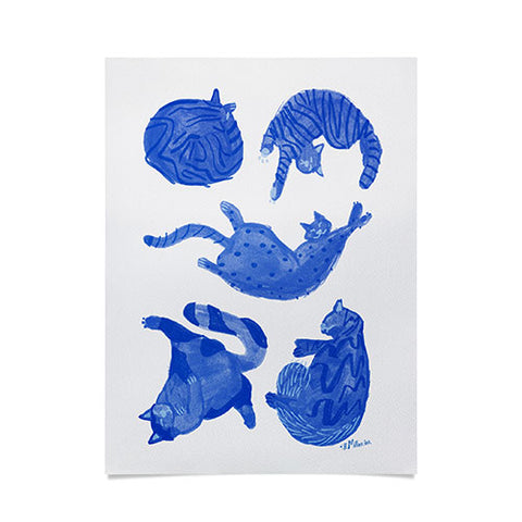 H Miller Ink Illustration Sleepy Cozy Kitty Cats in Blue Poster