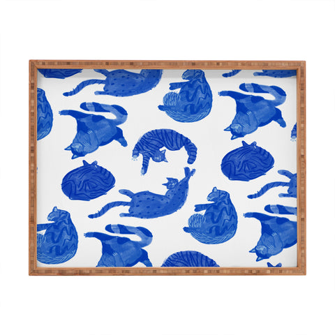 H Miller Ink Illustration Sleepy Cozy Kitty Cats in Blue Rectangular Tray