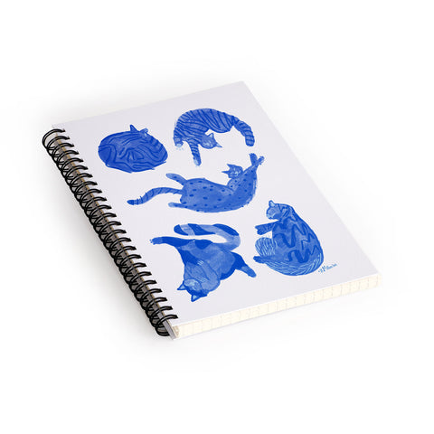 H Miller Ink Illustration Sleepy Cozy Kitty Cats in Blue Spiral Notebook