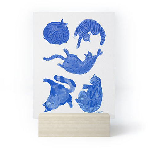 H Miller Ink Illustration Sleepy Cozy Kitty Cats in Blue Mini Art Print