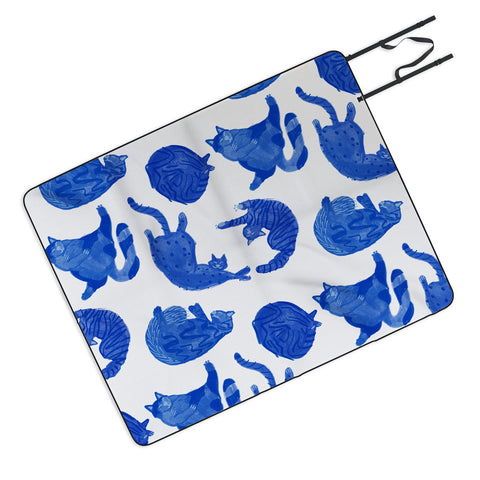 H Miller Ink Illustration Sleepy Cozy Kitty Cats in Blue Picnic Blanket