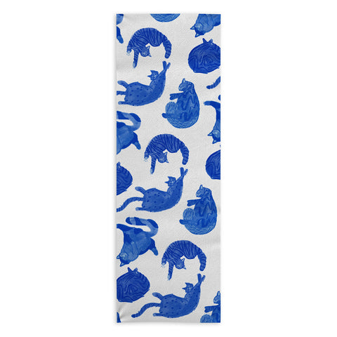 H Miller Ink Illustration Sleepy Cozy Kitty Cats in Blue Yoga Towel