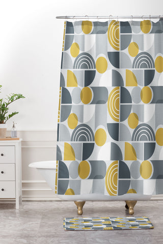 Heather Dutton Trailway Grey Goldenrod Shower Curtain And Mat