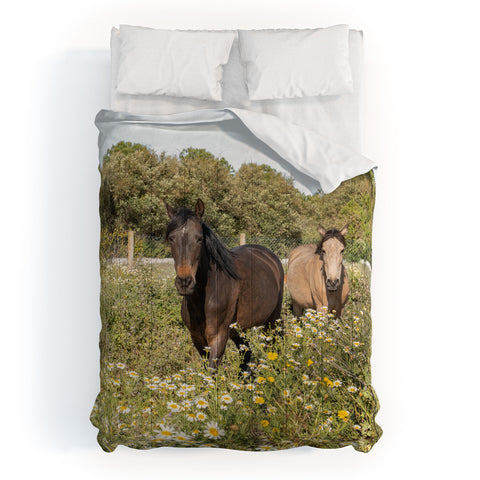 Henrike Schenk - Travel Photography Horses in a Field of Wildflowers Comforter