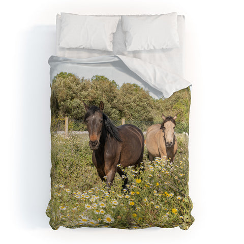 Henrike Schenk - Travel Photography Horses in a Field of Wildflowers Duvet Cover