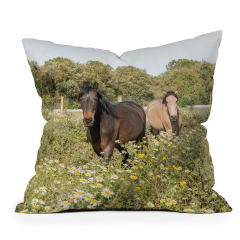 Henrike Schenk - Travel Photography Horses in a Field of Wildflowers Outdoor Throw Pillow