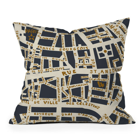 Holli Zollinger PARIS MAP GREY GOLD Outdoor Throw Pillow