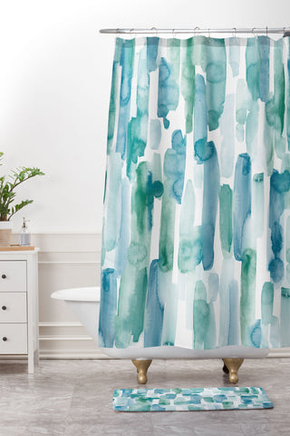 Jacqueline Maldonado Organic Dashes Blue Green Shower Curtain And Mat