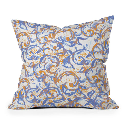 Jacqueline Maldonado Vintage Lace Watercolor Blue Gold Outdoor Throw Pillow