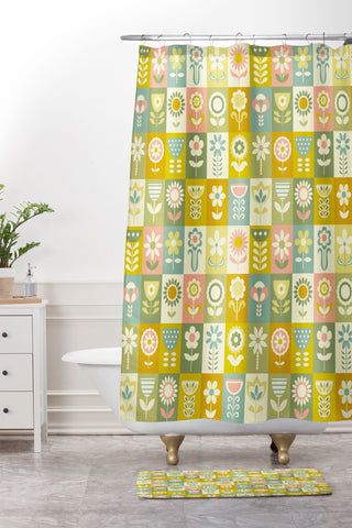 Jenean Morrison 50s Flower Grid Shower Curtain And Mat