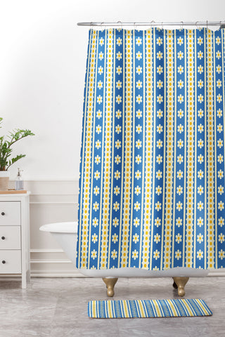Jenean Morrison Feedsack Stripe Blue Shower Curtain And Mat