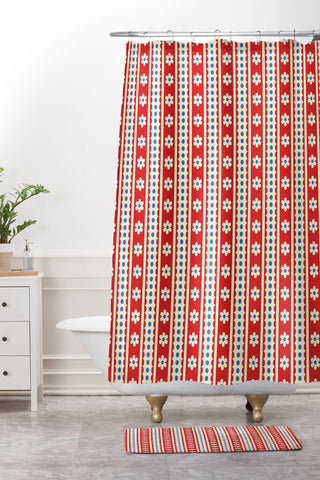 Jenean Morrison Feedsack Stripe Red Shower Curtain And Mat