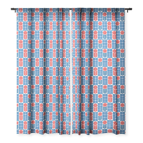 Jenean Morrison Gingham Floral Blue Sheer Window Curtain
