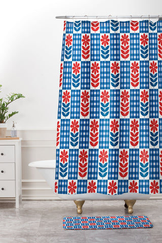 Jenean Morrison Gingham Floral Blue Shower Curtain And Mat