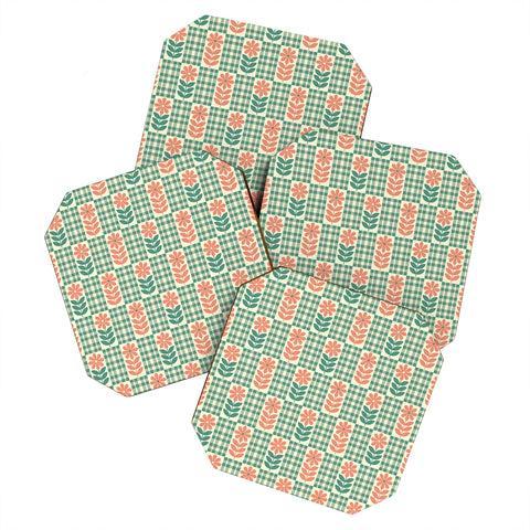 Jenean Morrison Gingham Floral Green Coaster Set