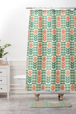 Jenean Morrison Gingham Floral Green Shower Curtain And Mat