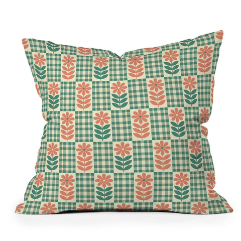 Jenean Morrison Gingham Floral Green Outdoor Throw Pillow