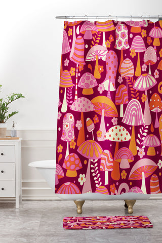 Jenean Morrison Many Mushrooms Pink Shower Curtain And Mat
