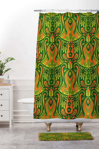 Jenean Morrison Mushroom Lamp Green and Orange Shower Curtain And Mat