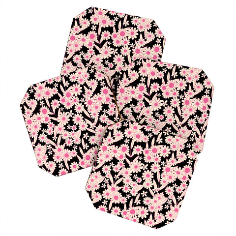 Jenean Morrison Simple Floral Black and Pink Coaster Set