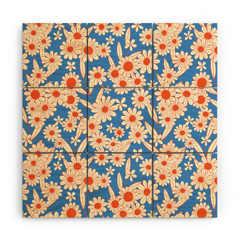 Jenean Morrison Simple Floral Red and Blue Wood Wall Mural