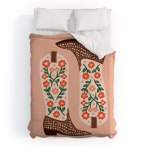 Jessica Molina Cowgirl Boots Orange and Green Duvet Cover