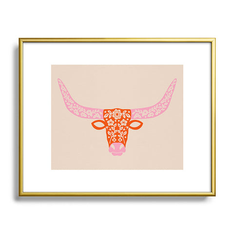 Jessica Molina Floral Longhorn Pink and Orange Metal Framed Art Print