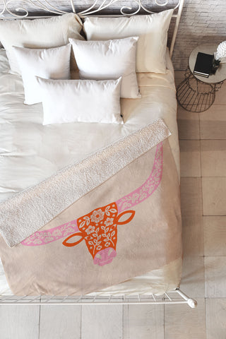 Jessica Molina Floral Longhorn Pink and Orange Fleece Throw Blanket