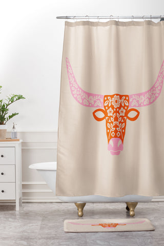 Jessica Molina Floral Longhorn Pink and Orange Shower Curtain And Mat