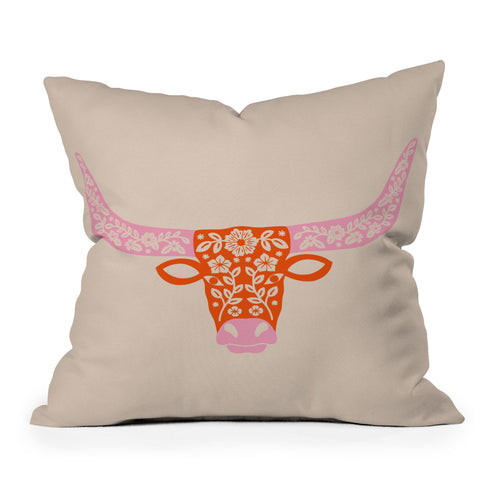 Jessica Molina Floral Longhorn Pink and Orange Outdoor Throw Pillow