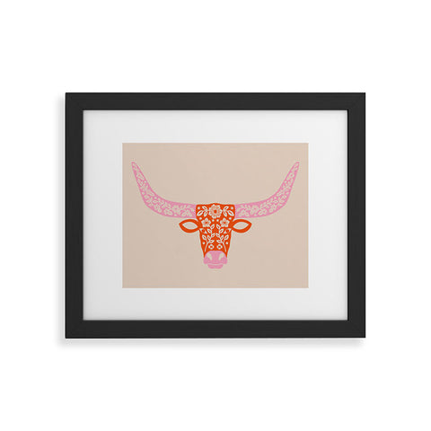 Jessica Molina Floral Longhorn Pink and Orange Framed Art Print
