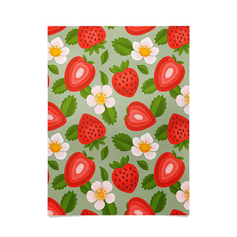 Jessica Molina Strawberry Pattern on Mint Poster
