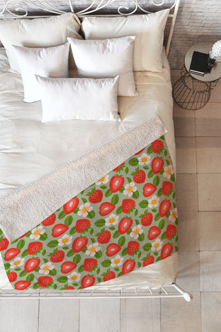 Jessica Molina Strawberry Pattern on Mint Fleece Throw Blanket