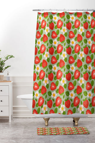Jessica Molina Strawberry Pattern on Mint Shower Curtain And Mat